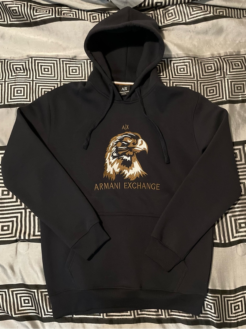 Armani Exchange Black Hoodie with Embroidered Gold Eagle Graphic